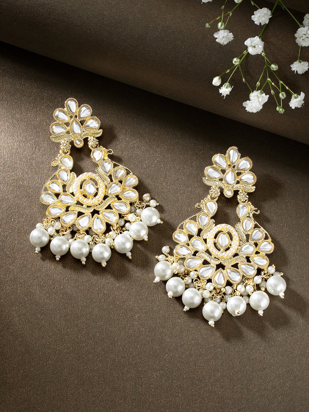 Peora Gold-Plated Kundan Contemporary Chandbalis, White