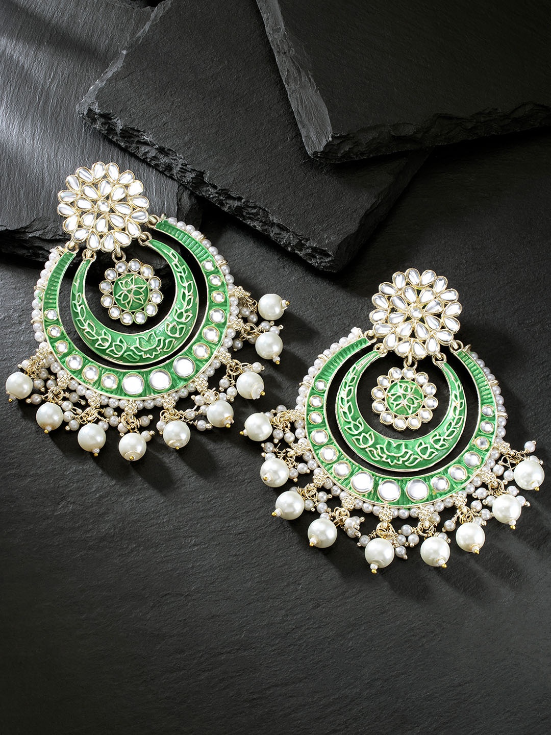 

Peora Gold-Plated Pearl & Kundan Studded Contemporary Chandbalis, Green