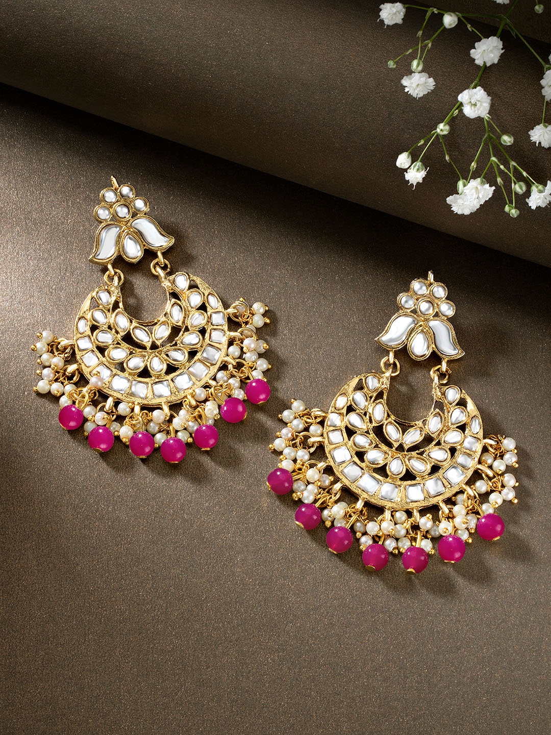 

Peora Gold-Plated Kundan Contemporary Chandbalis, Pink