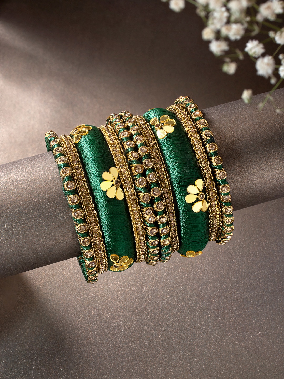 

Peora Women 10Pcs Gold-Plated Kundan Studded Bangles Set, Green