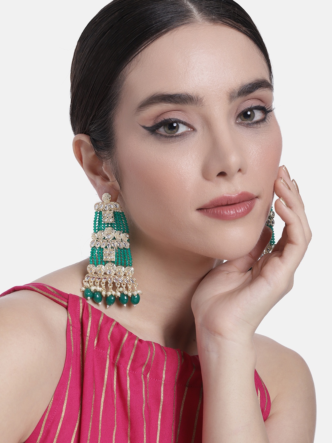

Peora Gold-Plated Kundan Contemporary Drop Earrings, Green