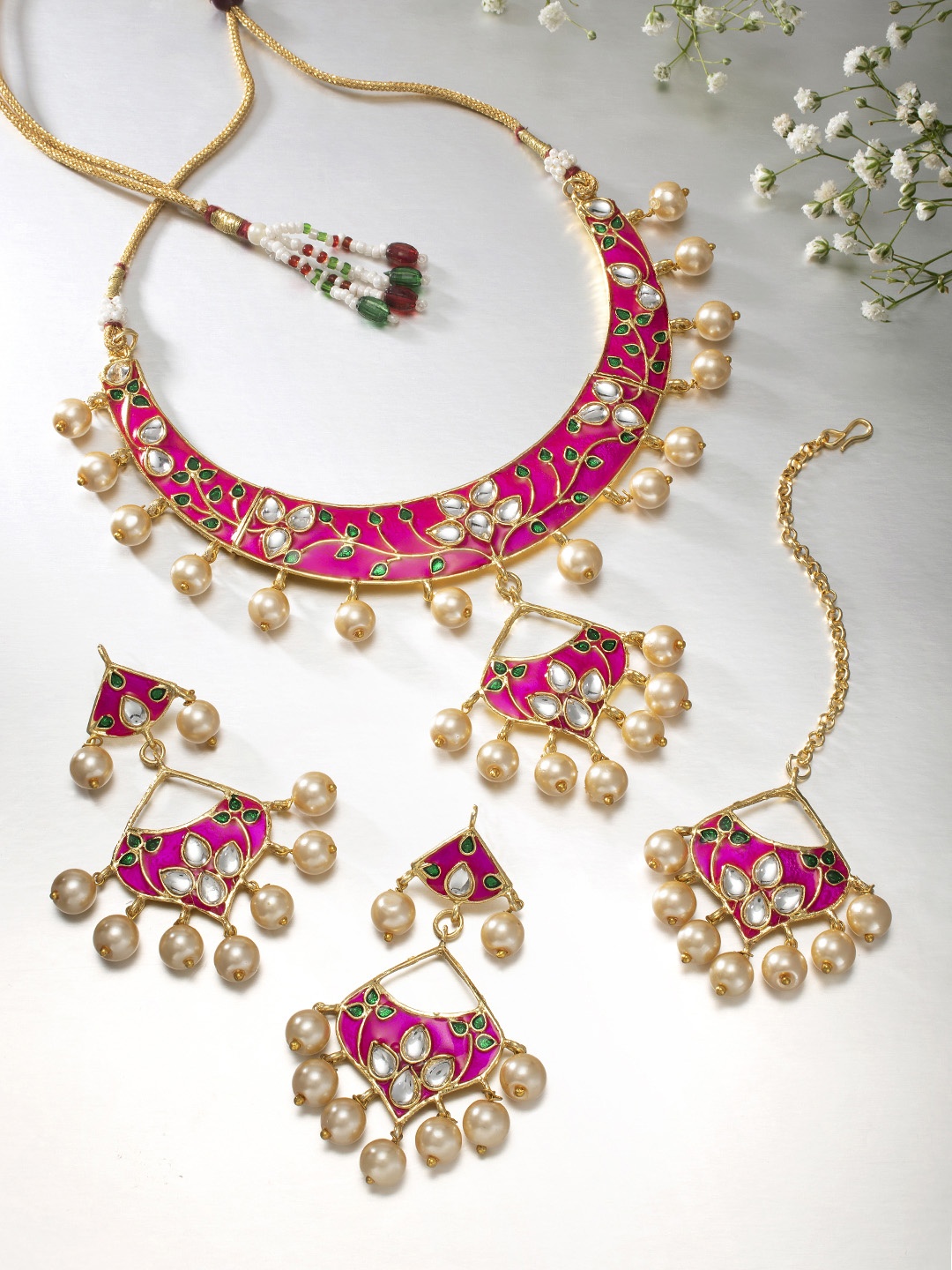 

Peora Gold-Plated Kundan-Studded Meenakari Jewellery Set, Pink