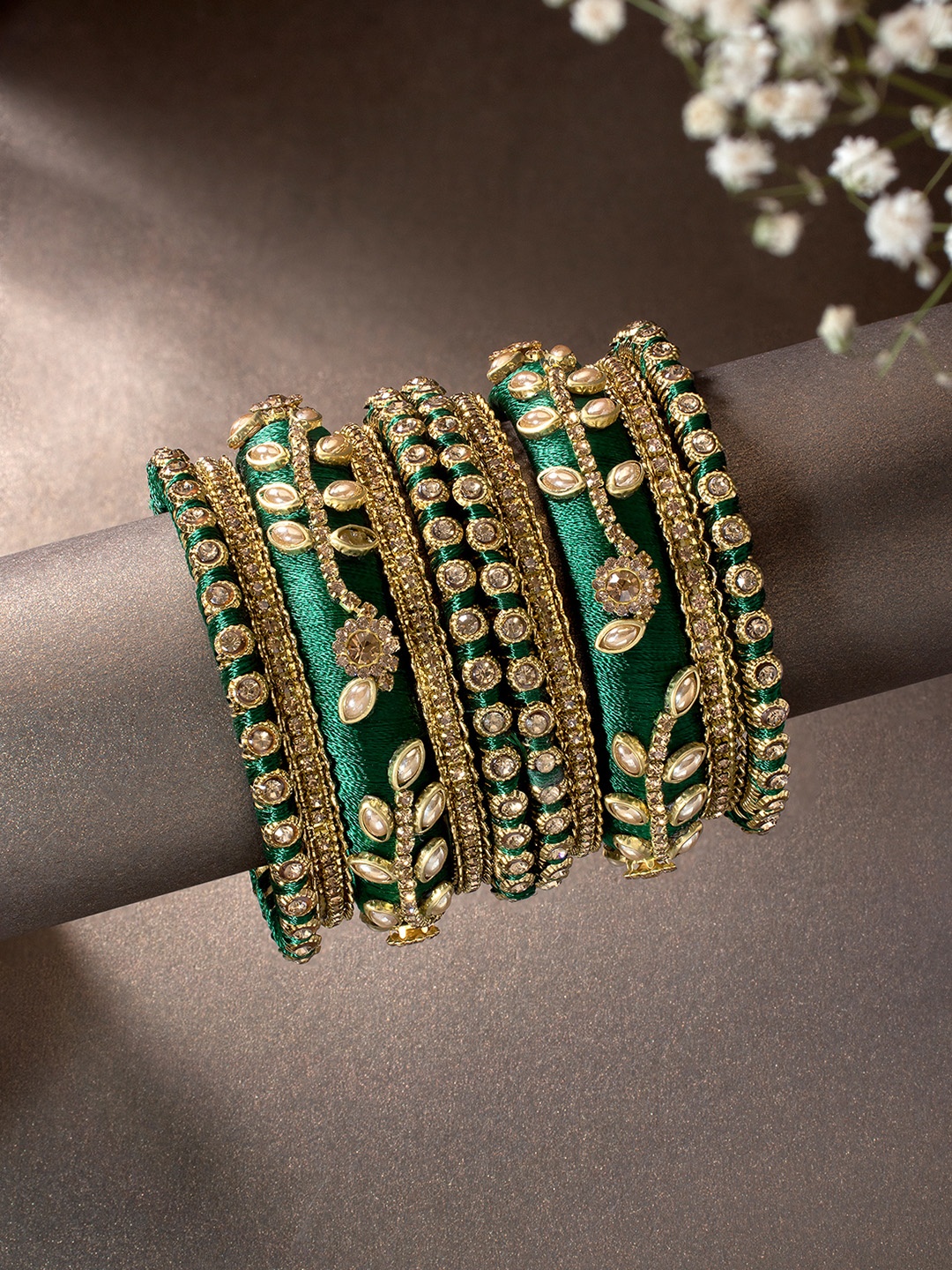 

Peora Women 10Pcs Gold-Plated Kundan Studded Bangles Set, Green