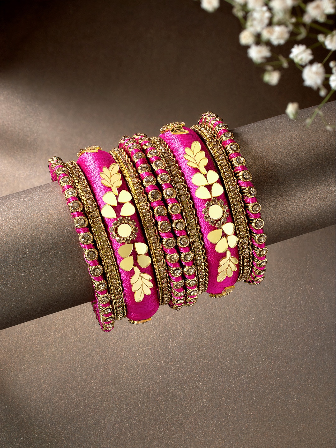 

Peora Women 10Pcs Gold-Plated Stones Studded Bangles Set, Pink