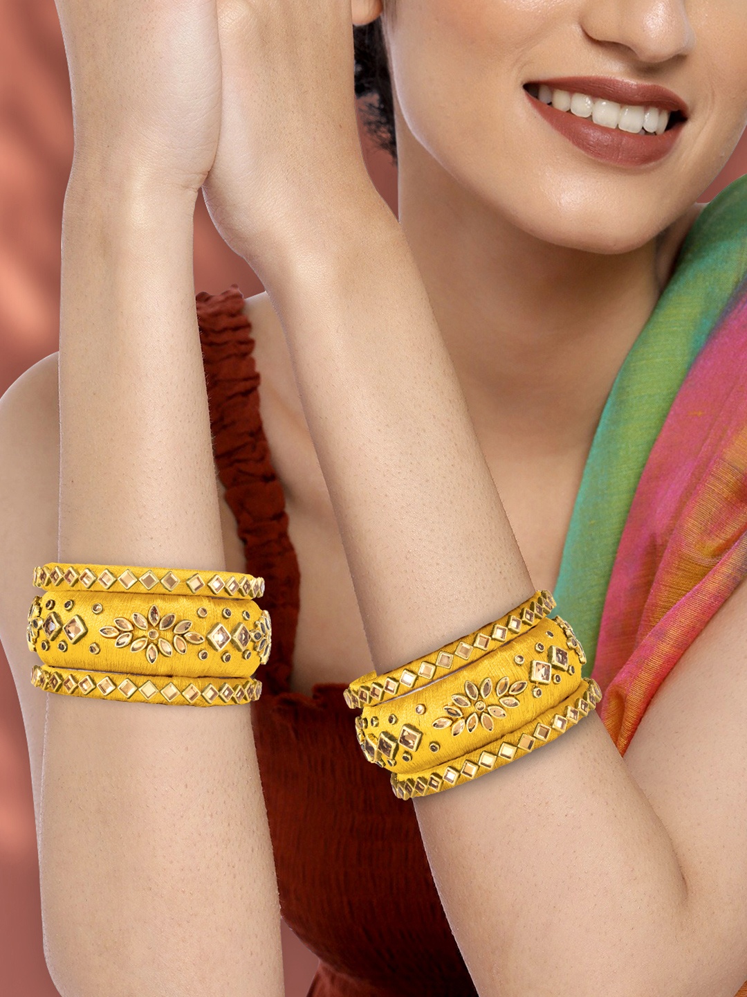 

Peora Women 6Pcs Gold-Plated Kundan Studded Bangles Set, Yellow