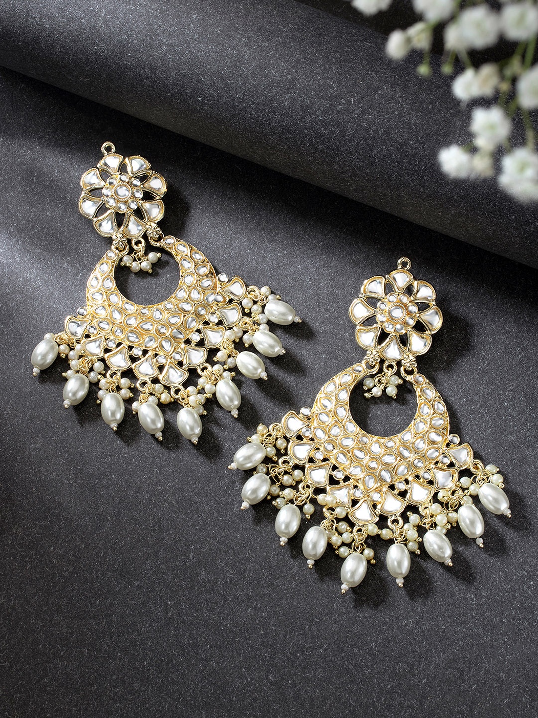 Peora Gold-Plated Pearl & Kundan Studded Contemporary Chandbalis, White