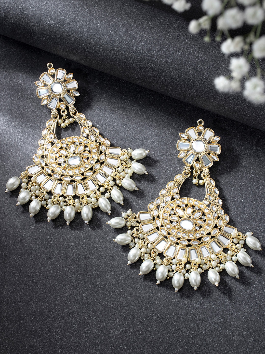Peora Gold-Plated Kundan Contemporary Chandbalis, White