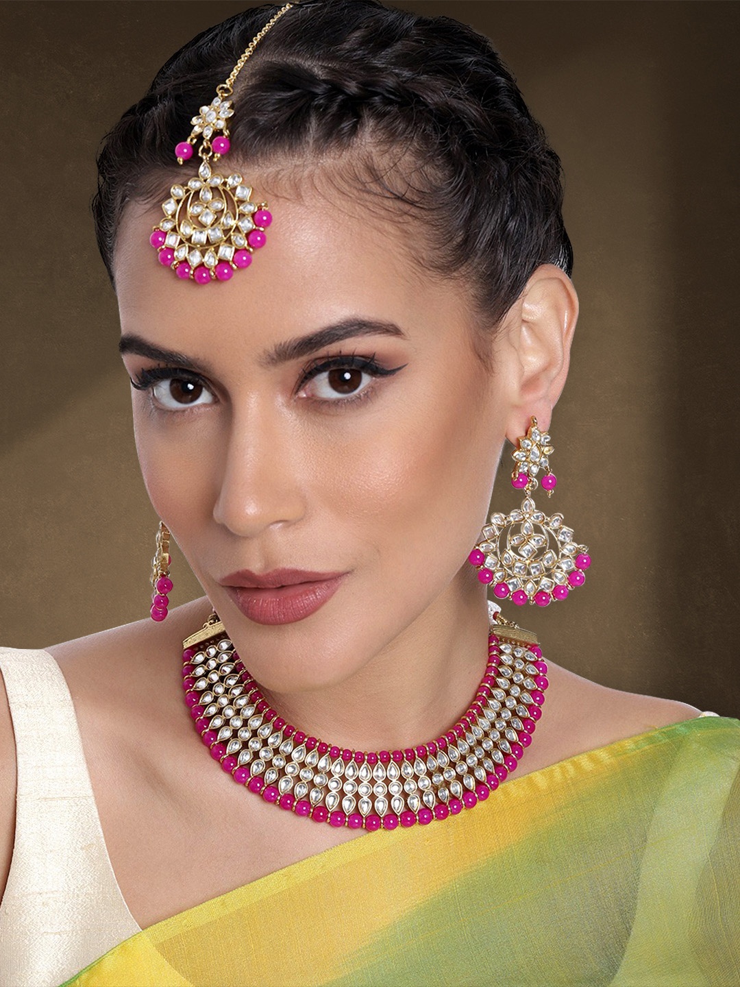 

Peora Gold-Plated Kundan-Studded Jewellery Set, Pink