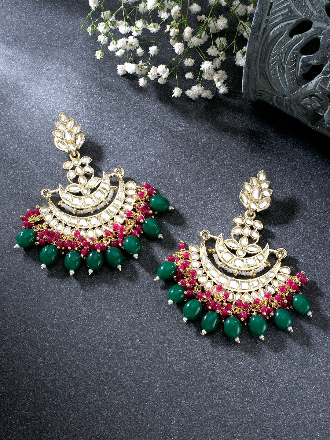 

Peora Gold-Plated Kundan Pearl Contemporary Chandbalis, Green