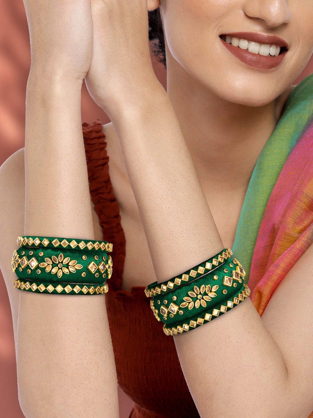 

Peora Women Set of 6 Gold-Plated Kundan Studded Bangles, Green