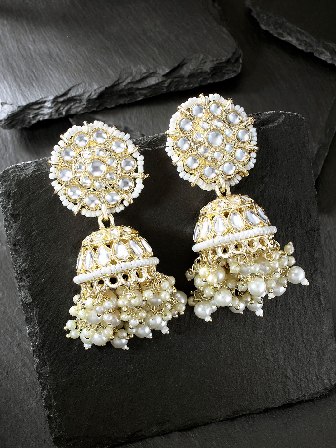 

Peora Gold-Plated Pearl & Kundan Studded Contemporary Jhumkas, White