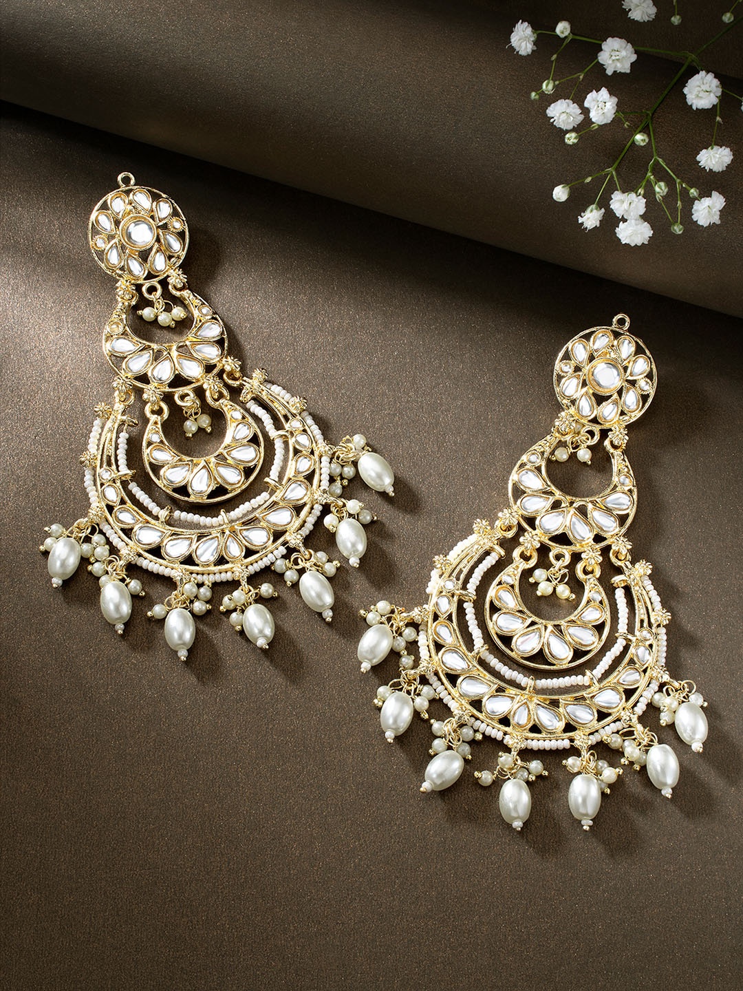 

Peora Gold-Plated Pearl & Kundan Studded Contemporary Chandbalis, White