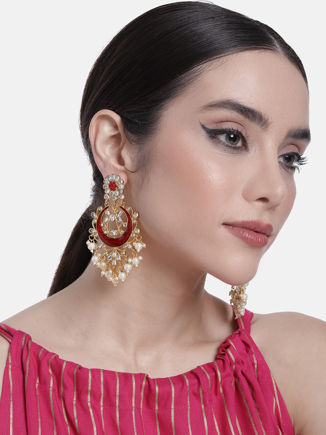 Peora Gold-Plated Kundan Contemporary Chandbalis, Maroon
