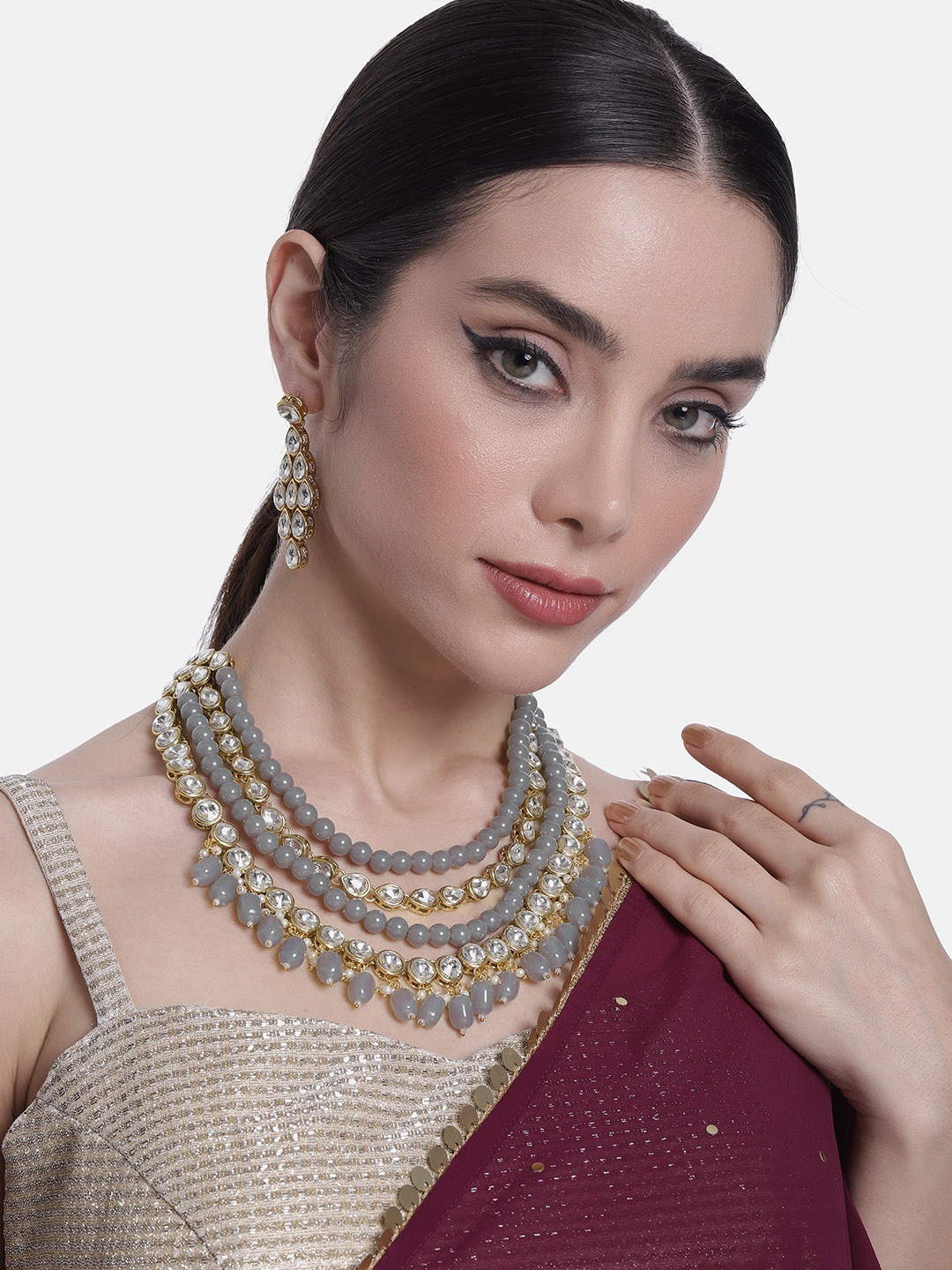 

Peora Gold-Plated Kundan-Studded Jewellery Set, Grey