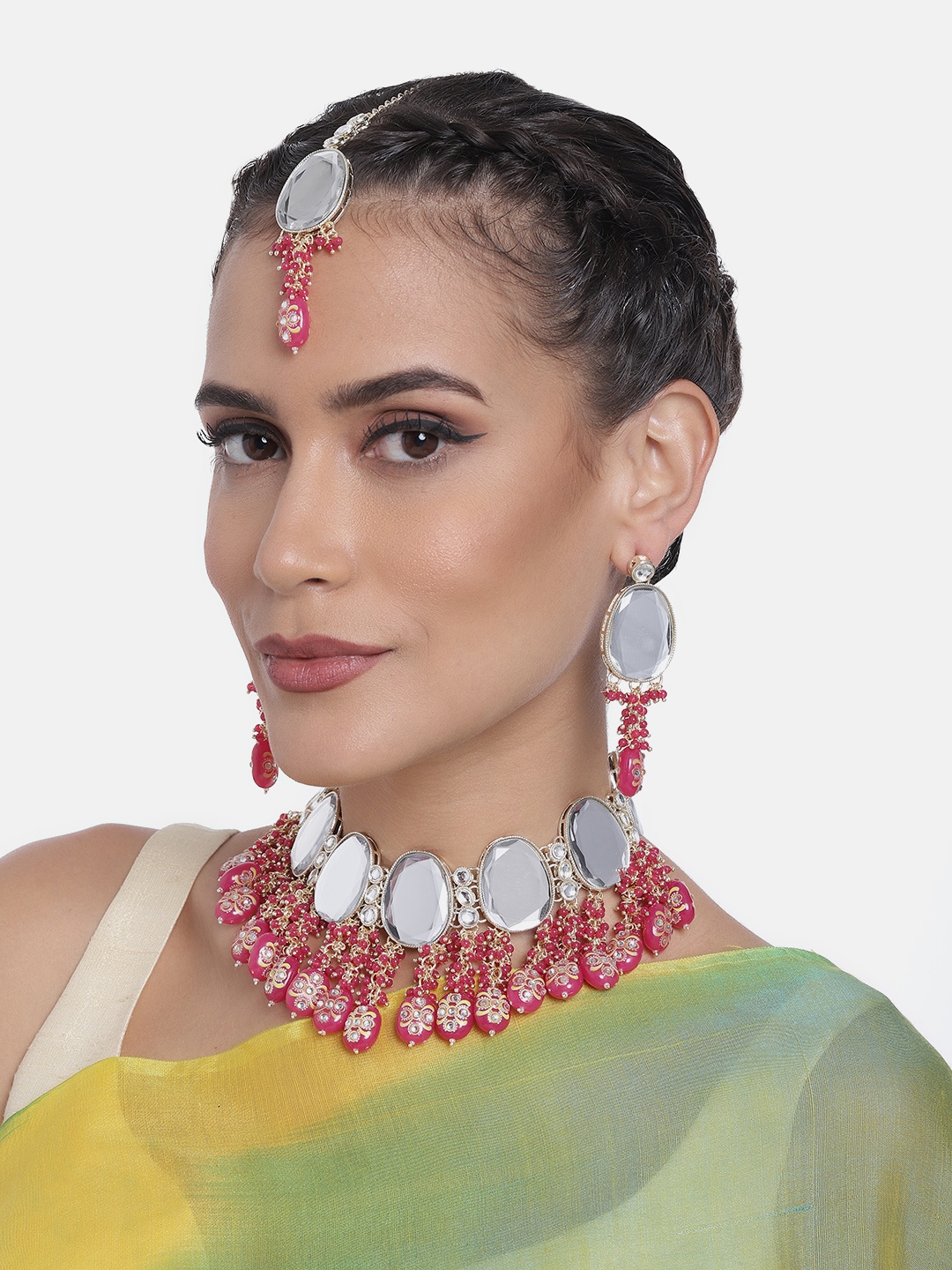 

Peora Gold-Plated Artificial Stones Studded Choker Necklace Jewellery Set, Pink