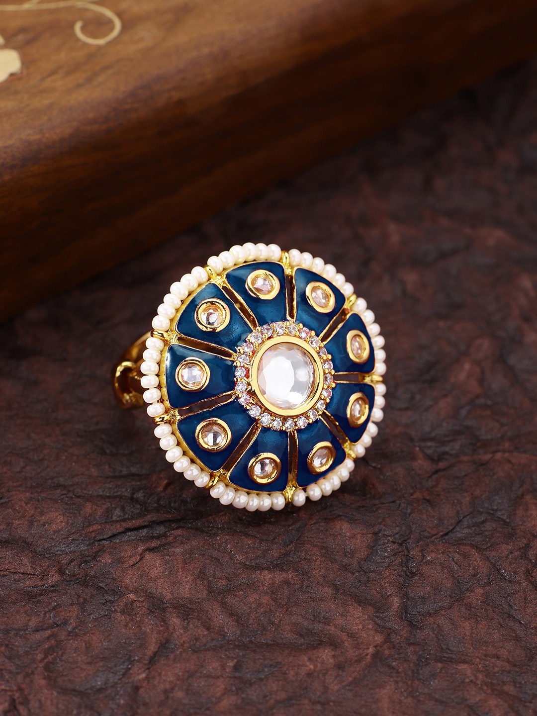 

Peora Women Gold-Plated Kundan Finger Ring, Navy blue