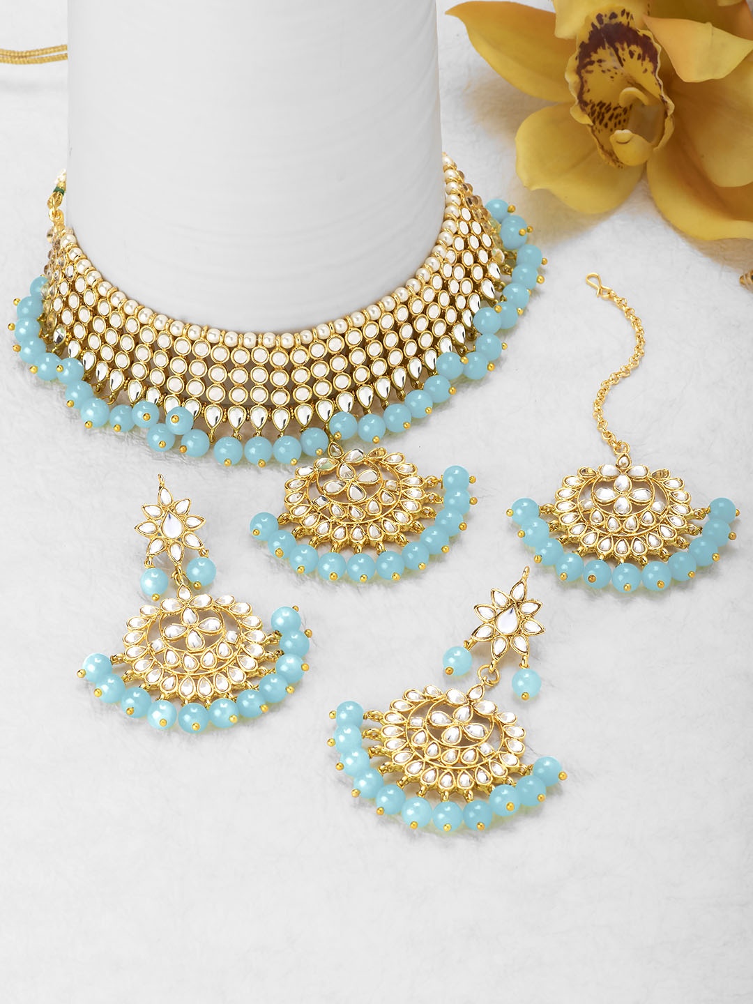 

Peora Gold-Plated Pearl Kundan Choker Necklace Jewellery Set, Blue