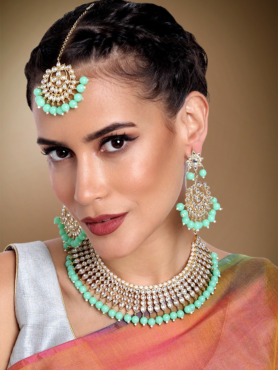 

Peora Gold-Plated Pearl Kundan Choker Necklace Jewellery Set, Green