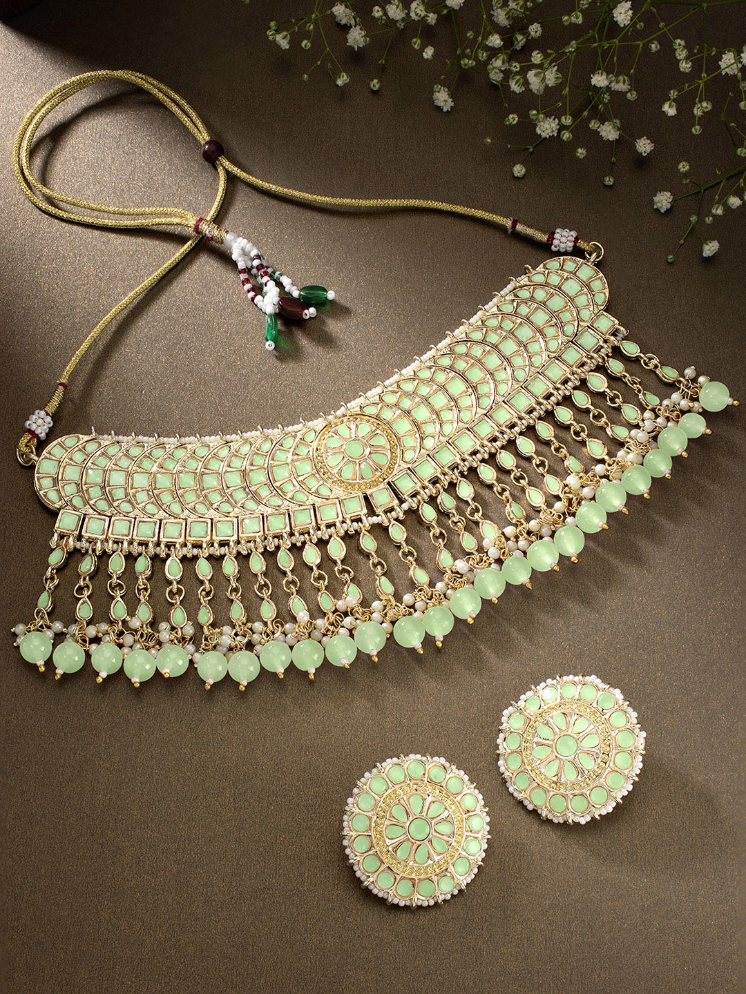 

Peora Gold-Plated Kundan-Studded Choker Necklace Jewellery Set, Green
