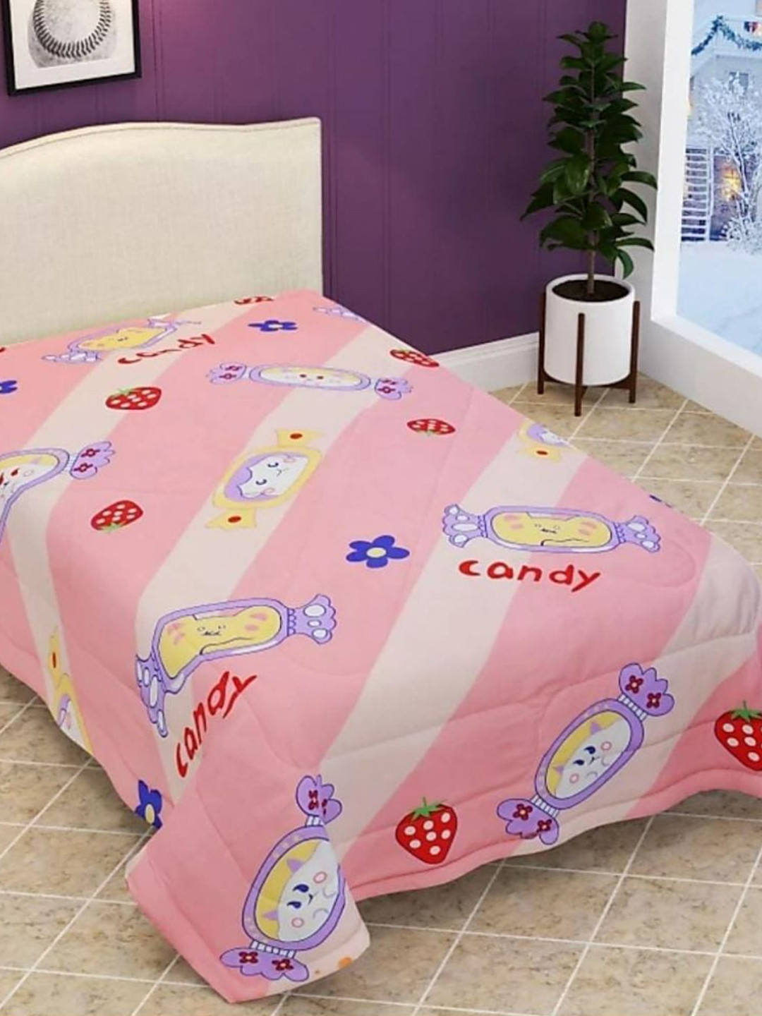 

Bajo's Kids Pink & Blue Cartoon Characters AC Room 210 GSM Single Bed Comforter