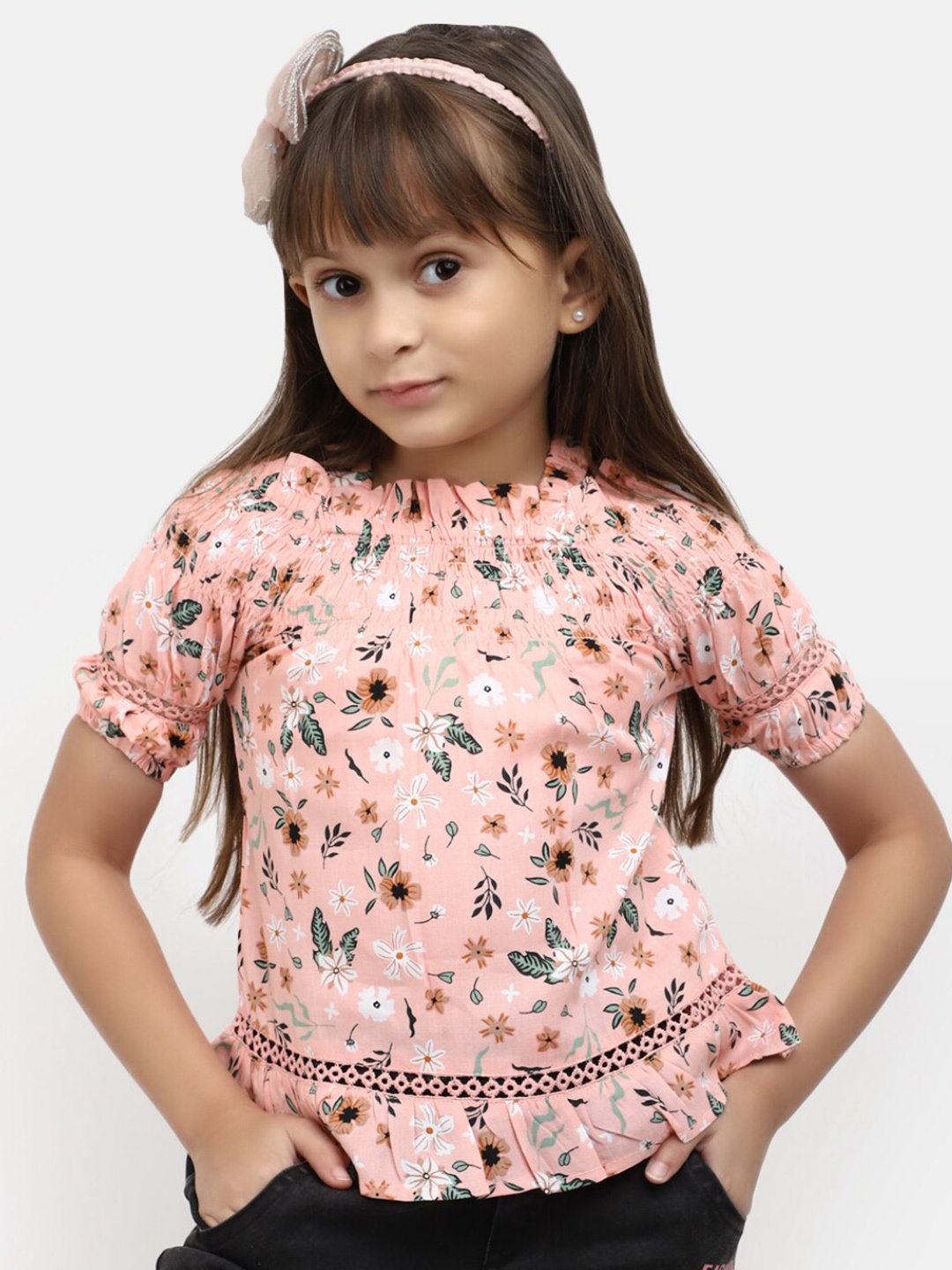 

V-Mart Girls Floral Printed Cotton Peplum Top, Pink