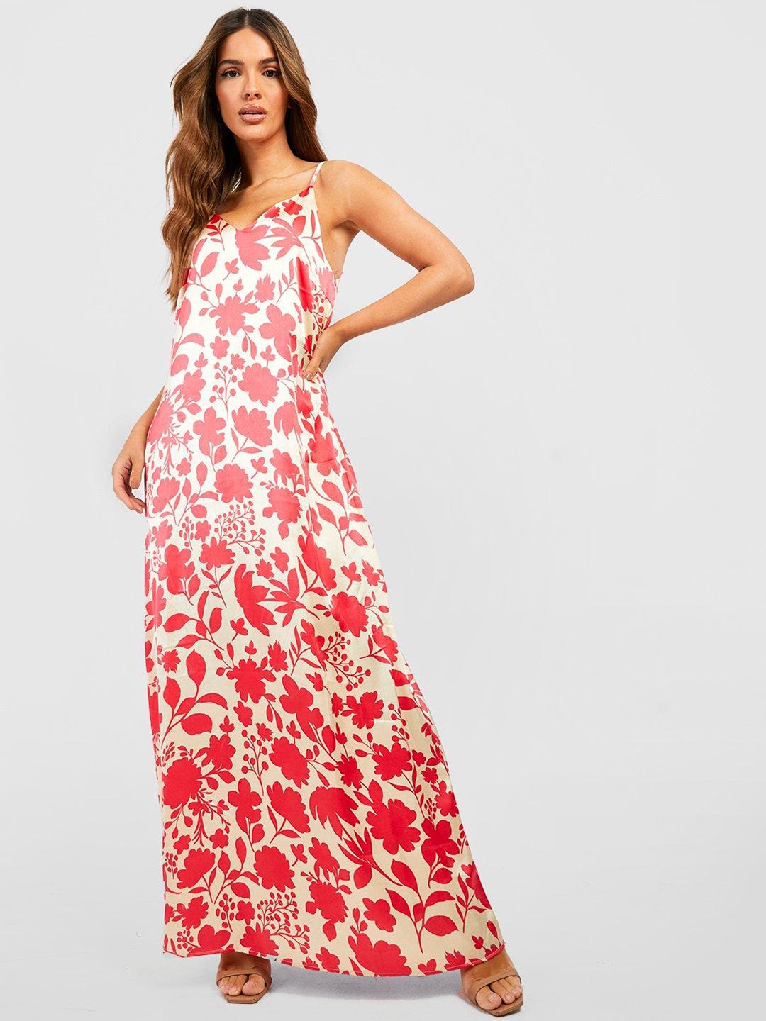 

Boohoo Floral Print Satin Finish Slip Maxi Dress, Pink