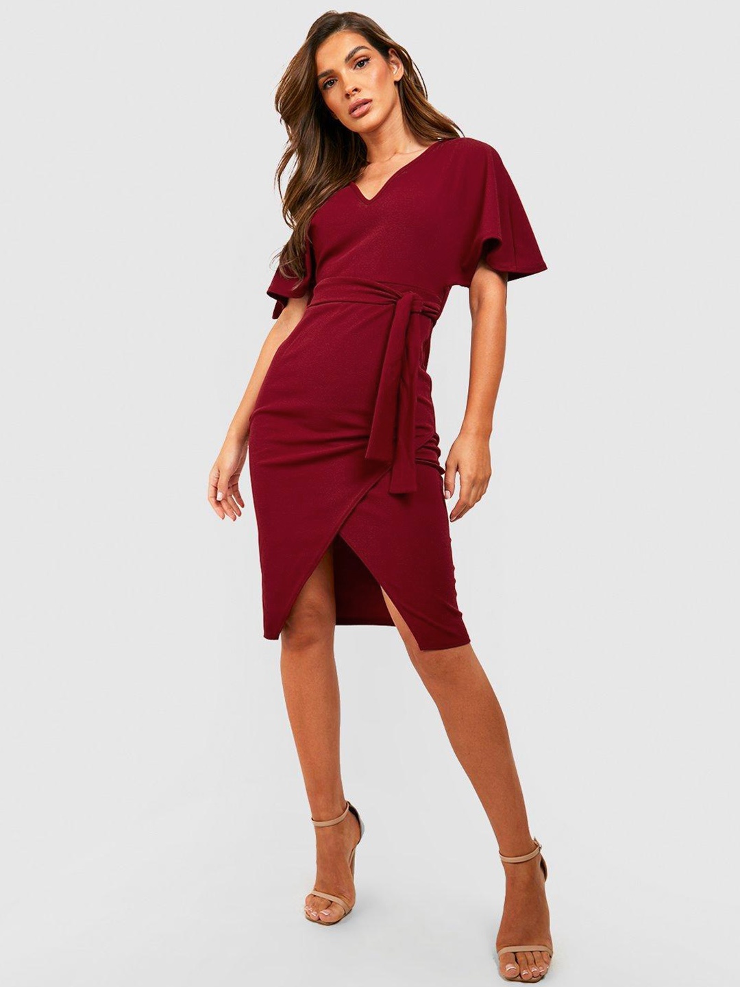 

Boohoo Solid Bodycon Dress with Belt, Maroon