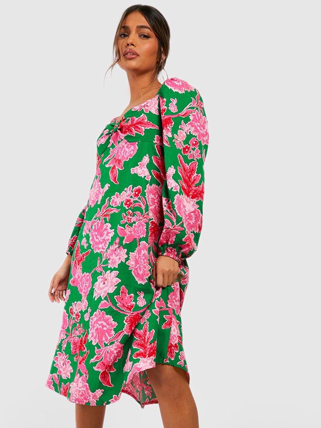 

Boohoo Twisted Detail Floral Print Puff Sleeve A-Line Midi Dress, Pink