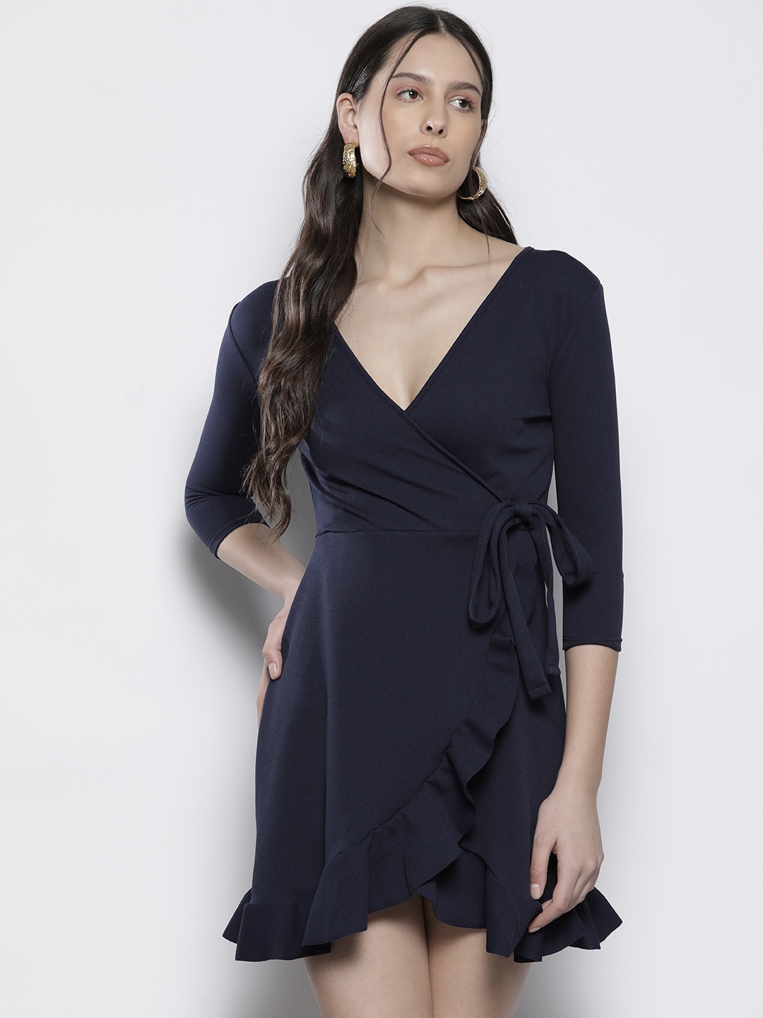 

Boohoo Tie Up & Frill Detail Wrap Dress, Navy blue