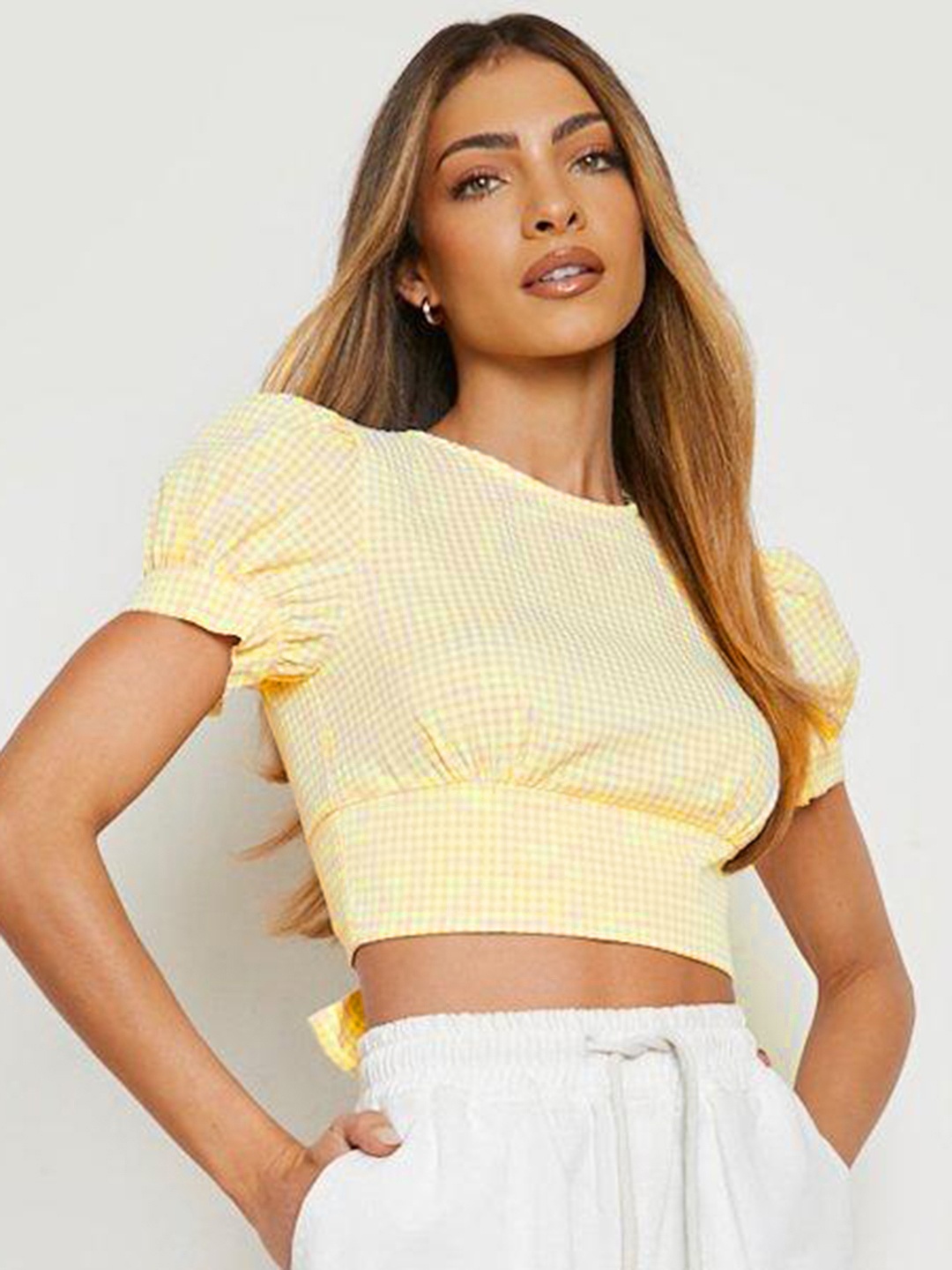 

Boohoo Gingham Checks Puff Sleeve Styled Back Crop Top, Yellow