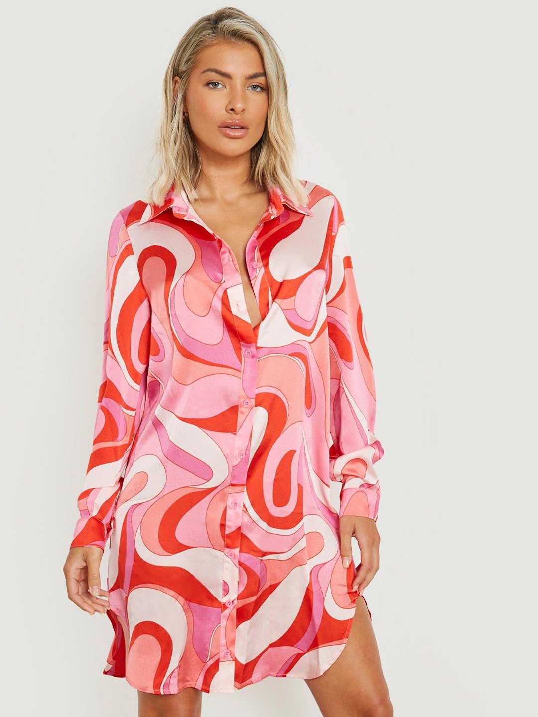 

Boohoo Abstract Print Shirt Mini Dress, Pink