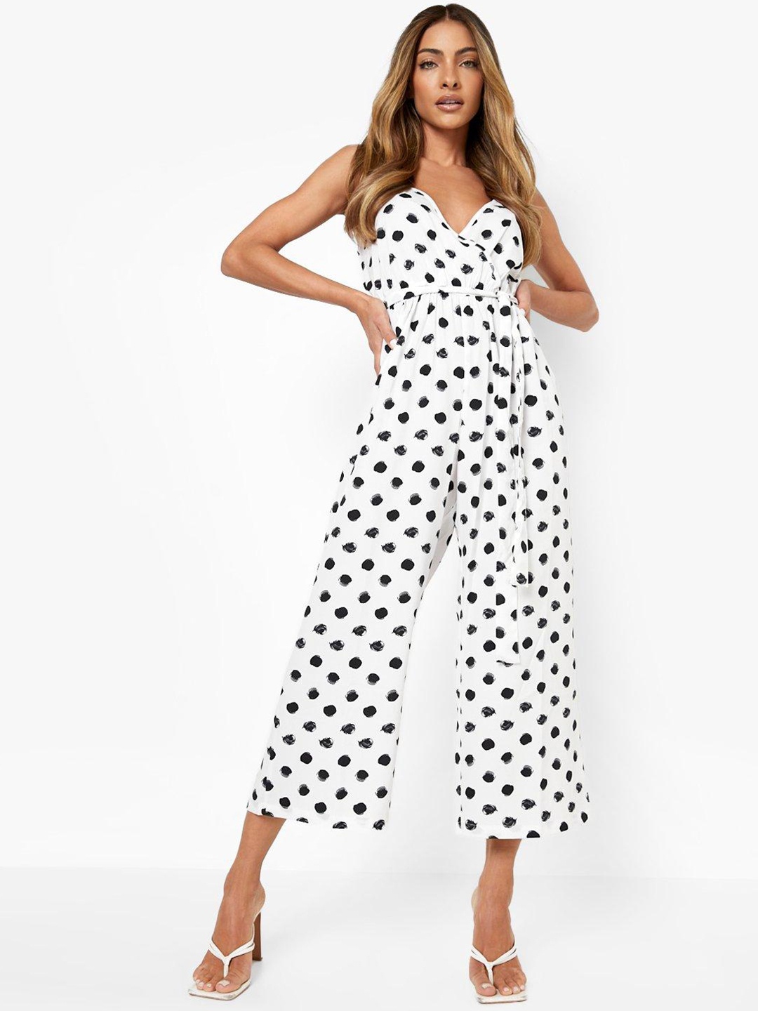 

Boohoo Polka Dots Printed Wrap Jumpsuit, White