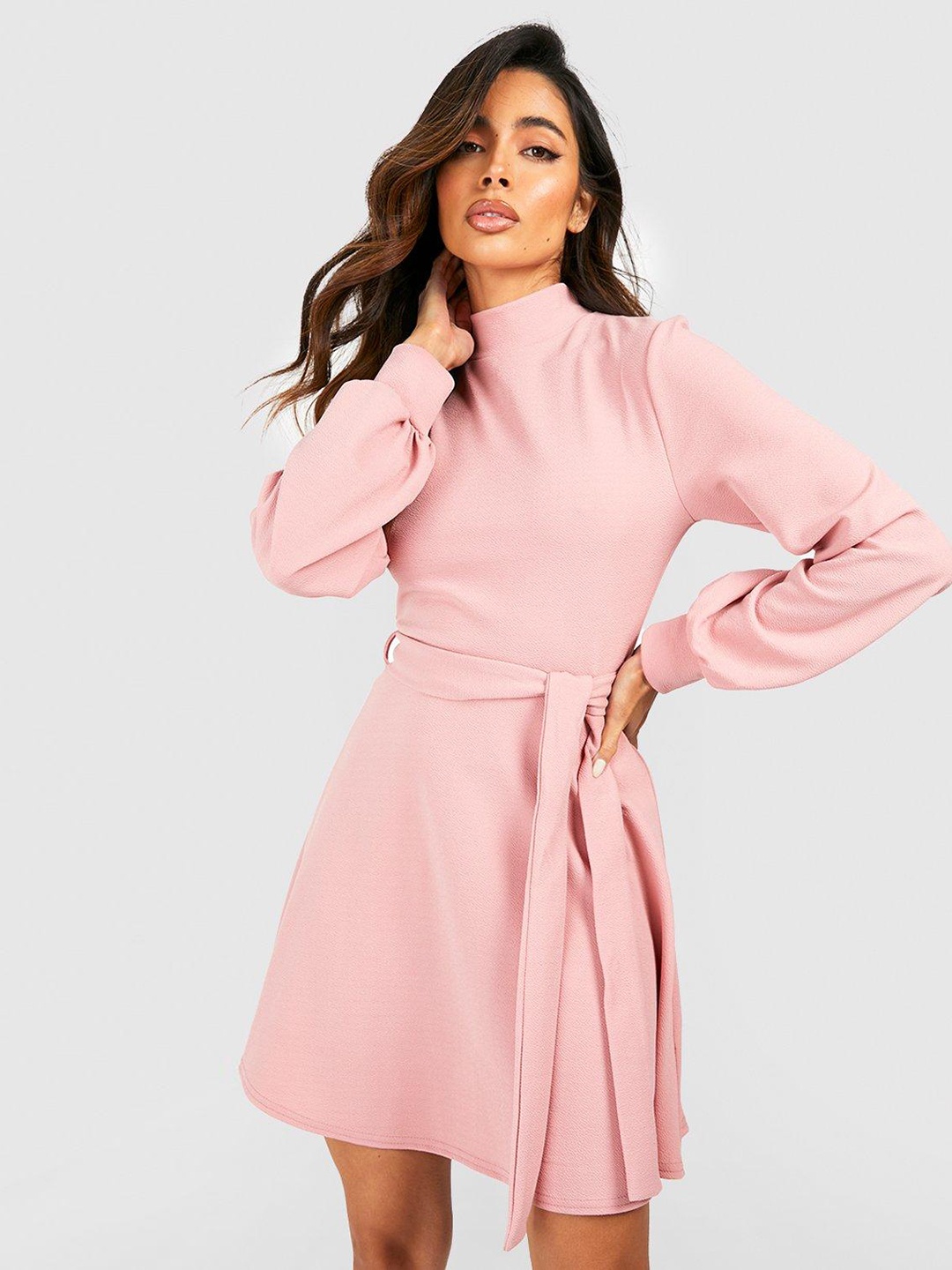 

Boohoo Solid A-Line Mini Dress with Belt, Pink