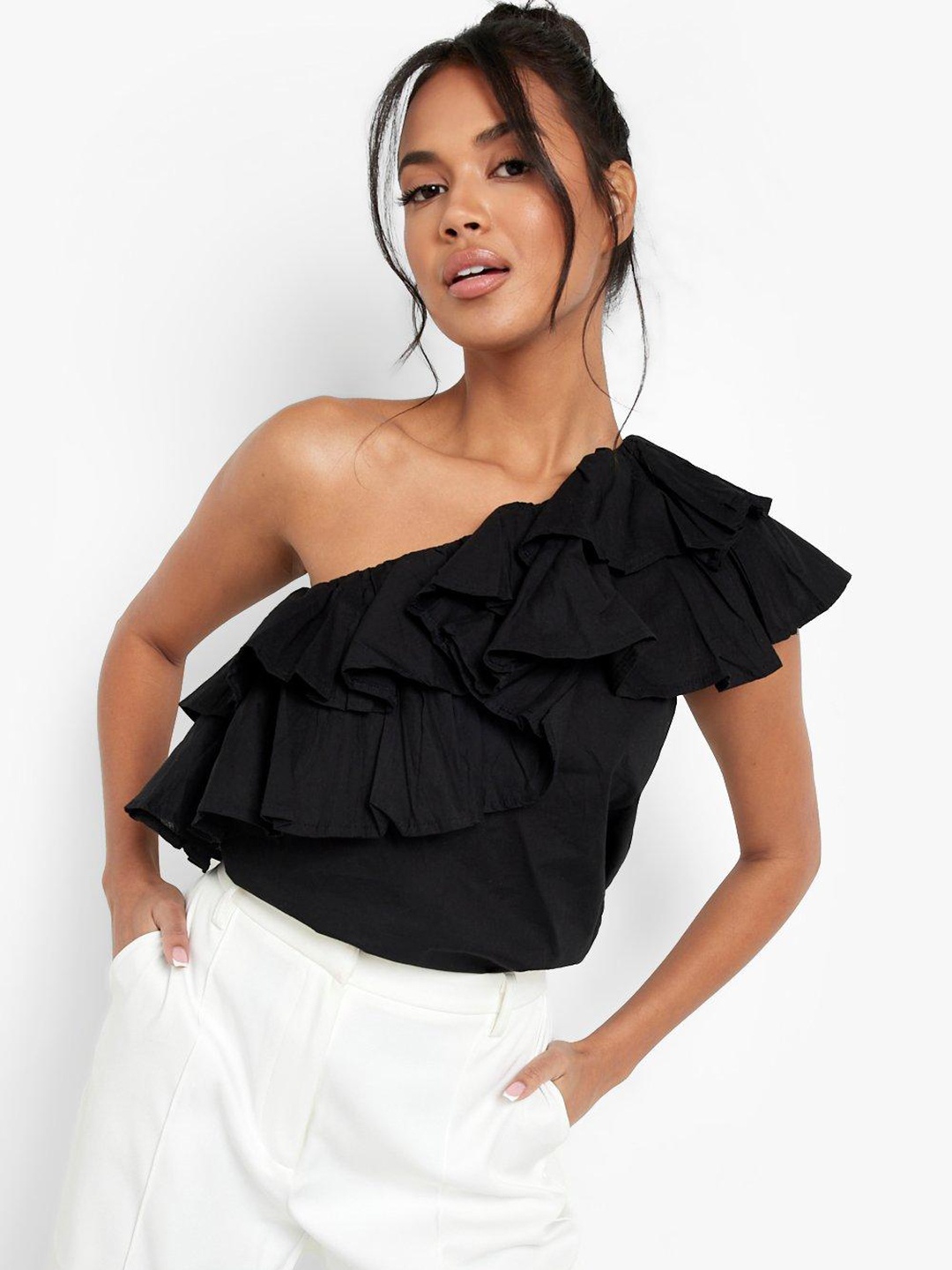 

Boohoo One Shoulder Flutter Sleeve Ruffles Detail Top, Black