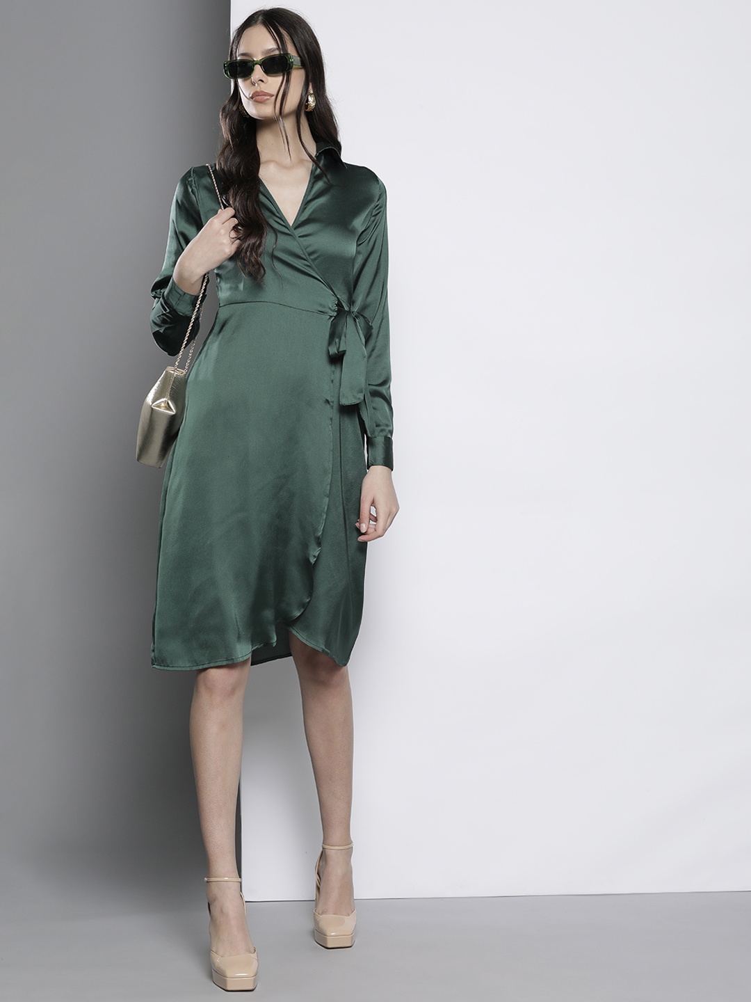 

Boohoo Satin Wrap Dress, Green