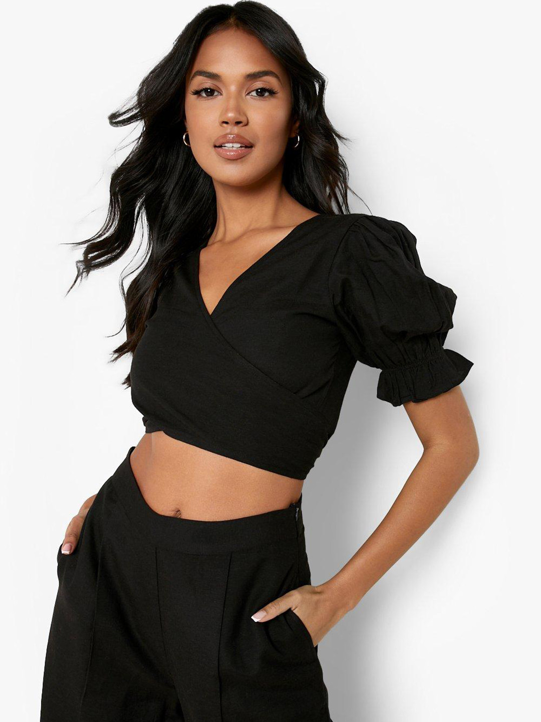

Boohoo Puff Sleeves Wrap Crop Top, Black