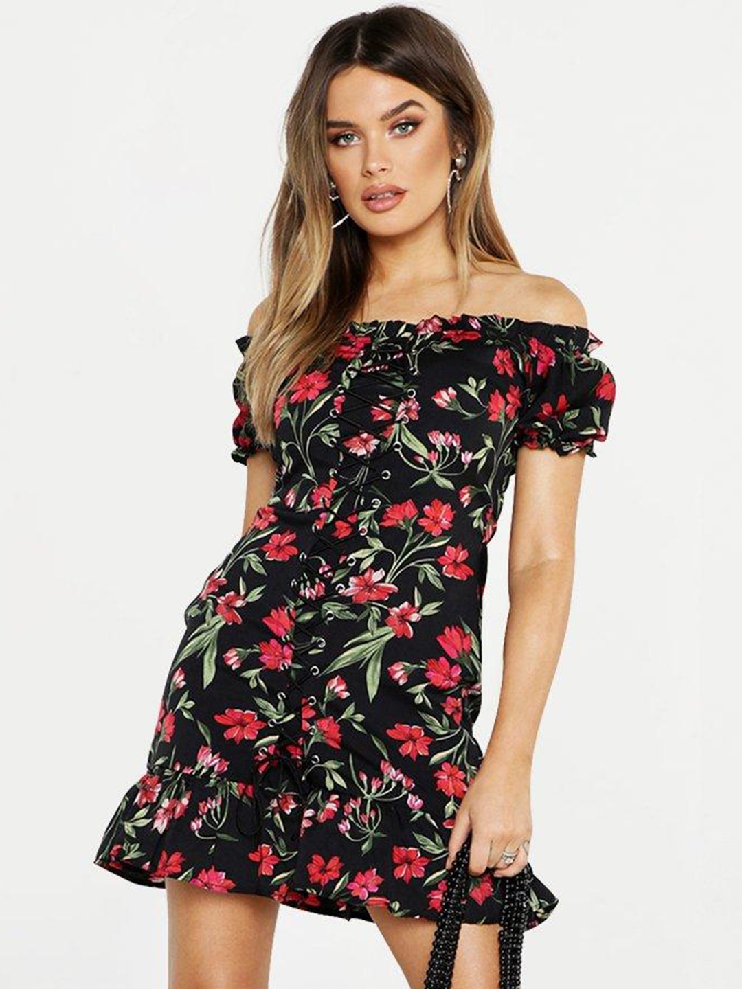 

Boohoo Floral Printed Off-Shoulder A-Line Mini Dress, Black