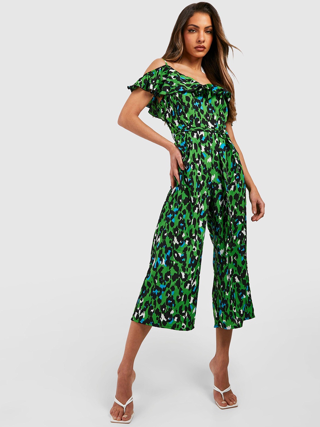 

Boohoo Off-Shoulder Printed Basic Belted Jumpsuit, Green