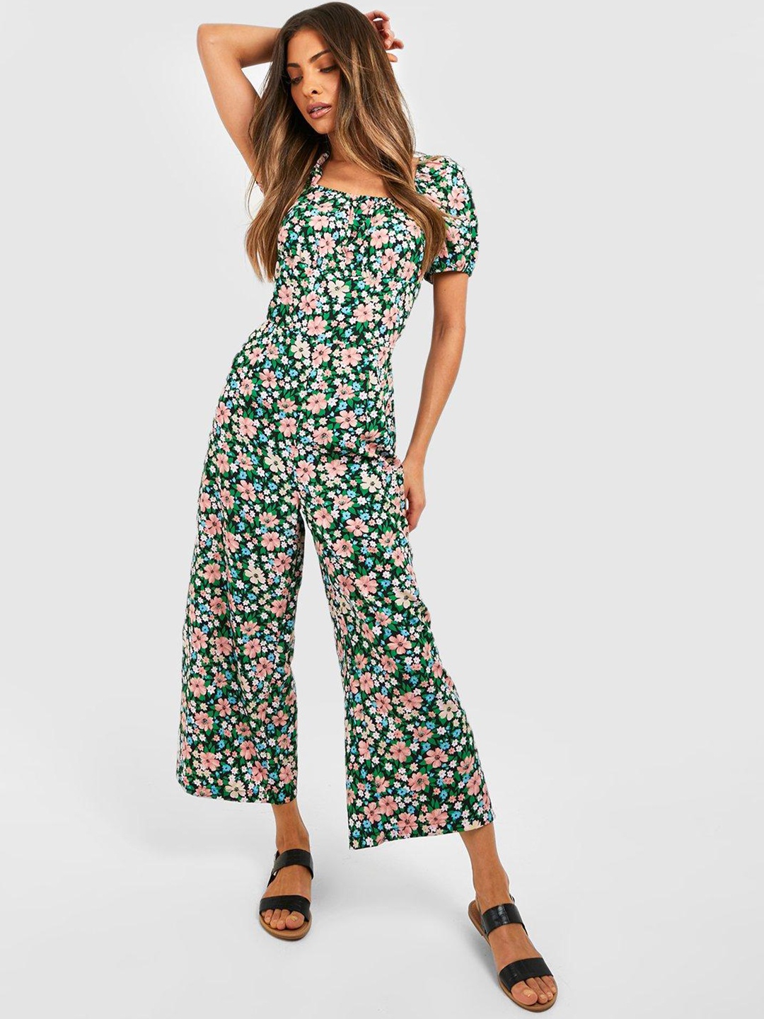 

Boohoo Floral Printed Basic Jumpsuit, Green
