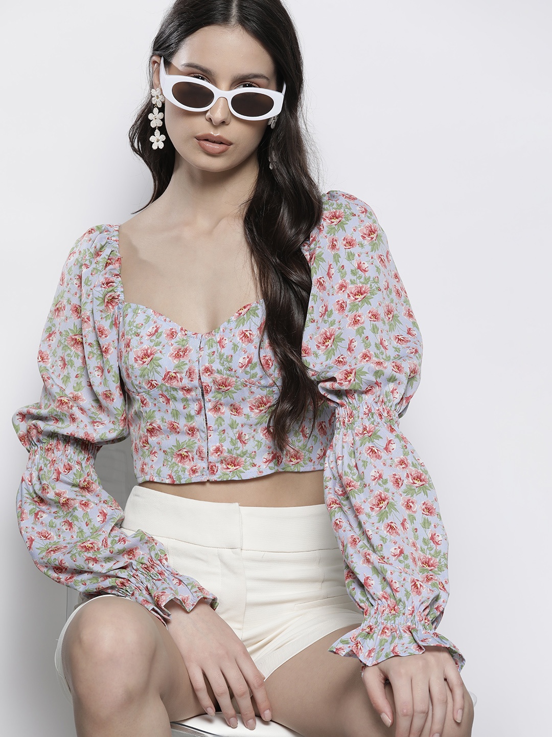 

Boohoo Floral Print Sweetheart Neck Puff Sleeve Crop Top, Blue