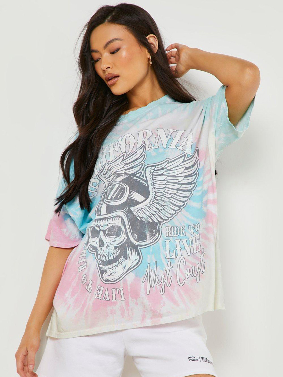 

Boohoo Tie and Dye Printed Pure Cotton Oversized T-shirt, Blue