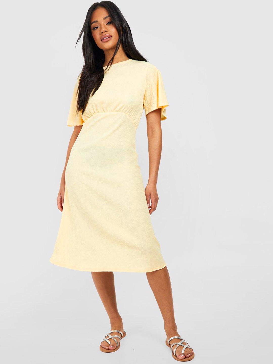 

Boohoo Crinkled Detail Flared Sleeve A-Line Dress, Yellow