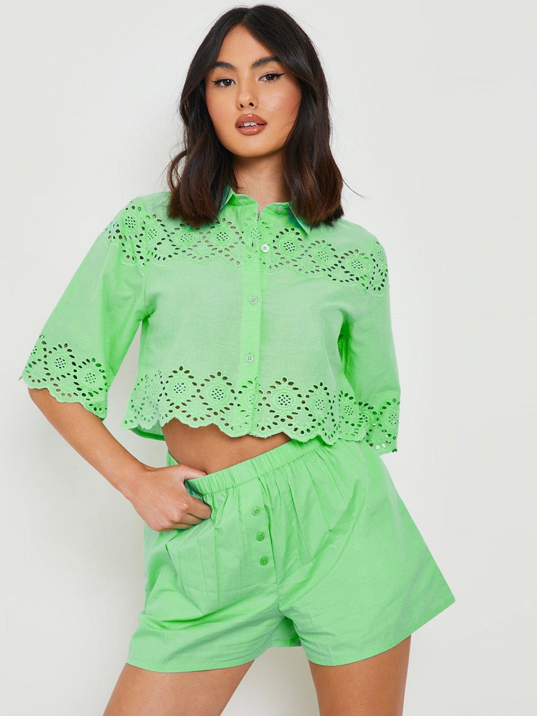 

Boohoo Schiffli Boxy Casual Shirt, Sea green