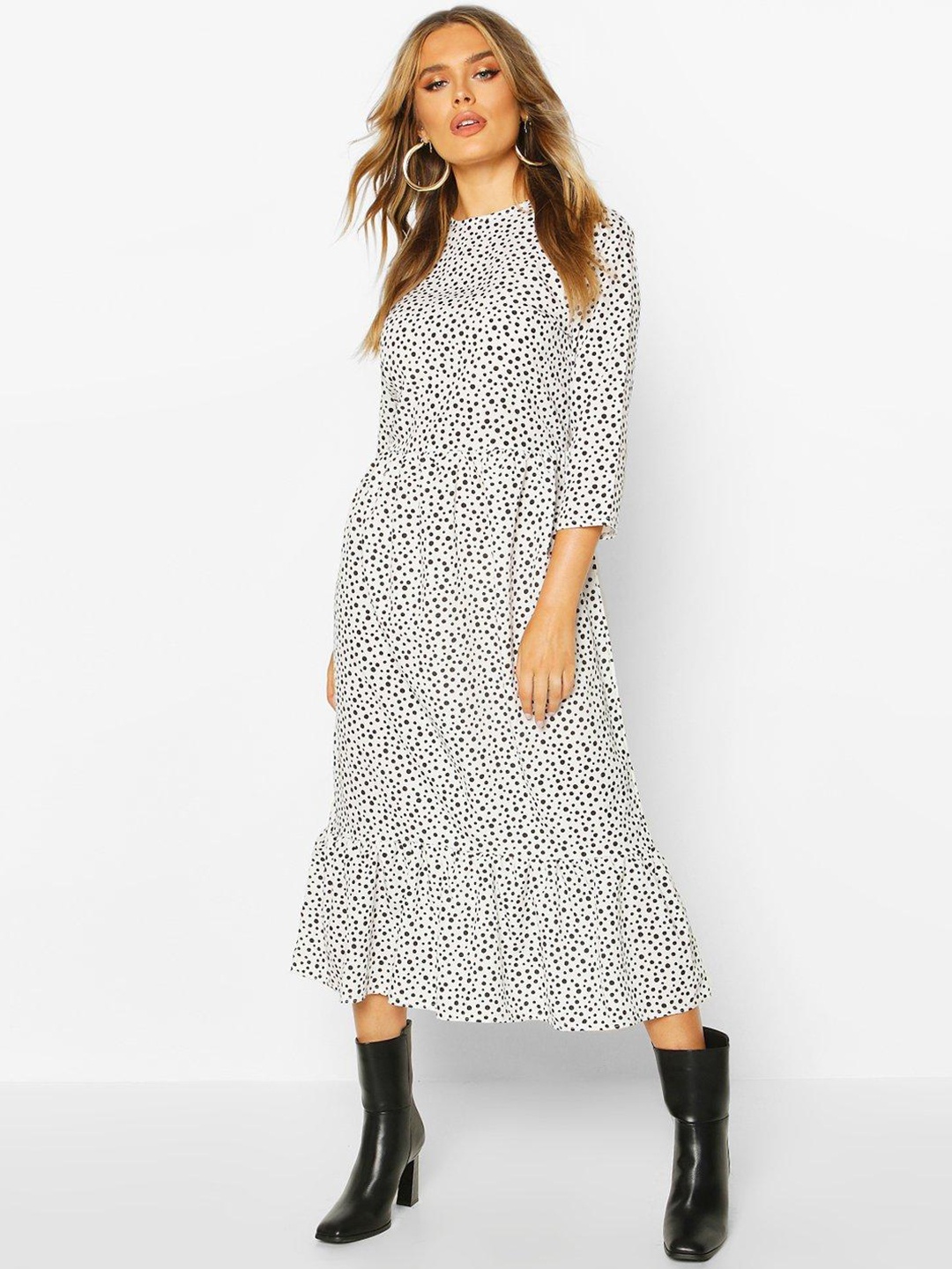 

Boohoo Polka Dot Print A-Line Midi Dress, White