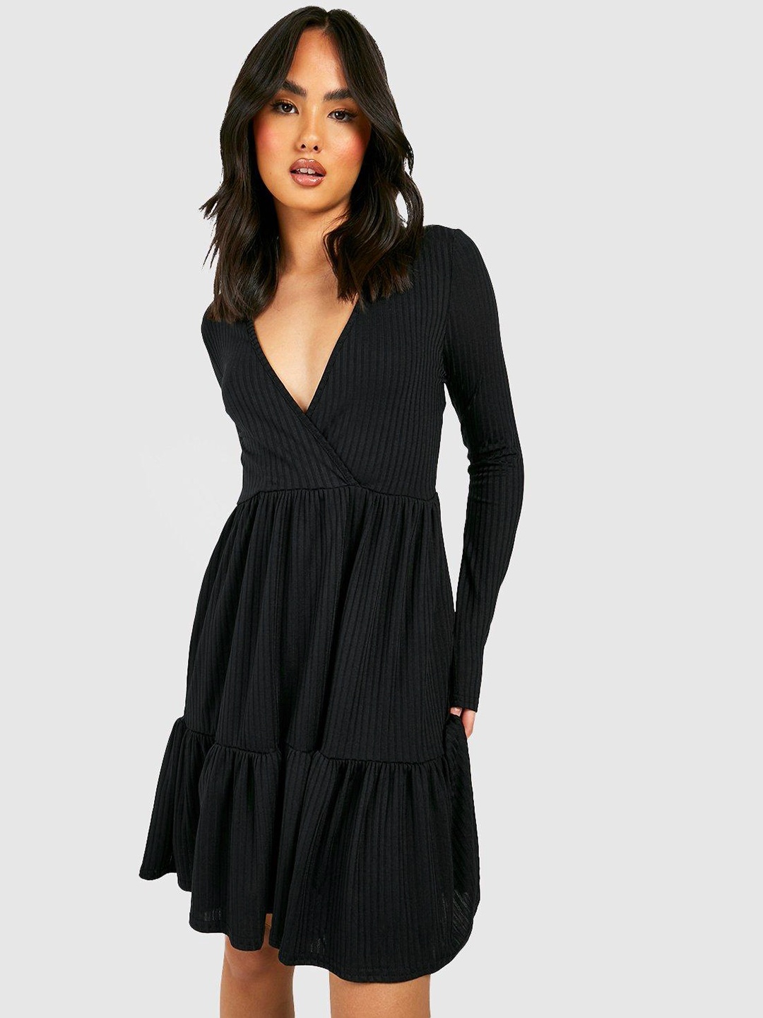

Boohoo Ribbed A-Line Dress, Black