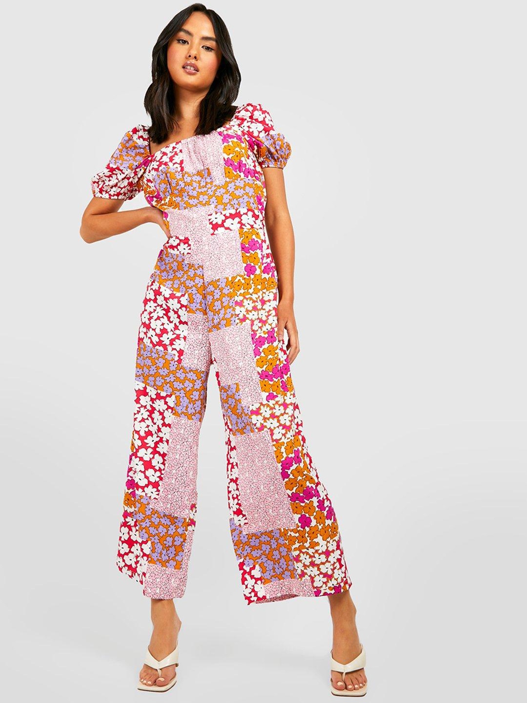 

Boohoo Floral Printed Cropped Basic Jumpsuit, White