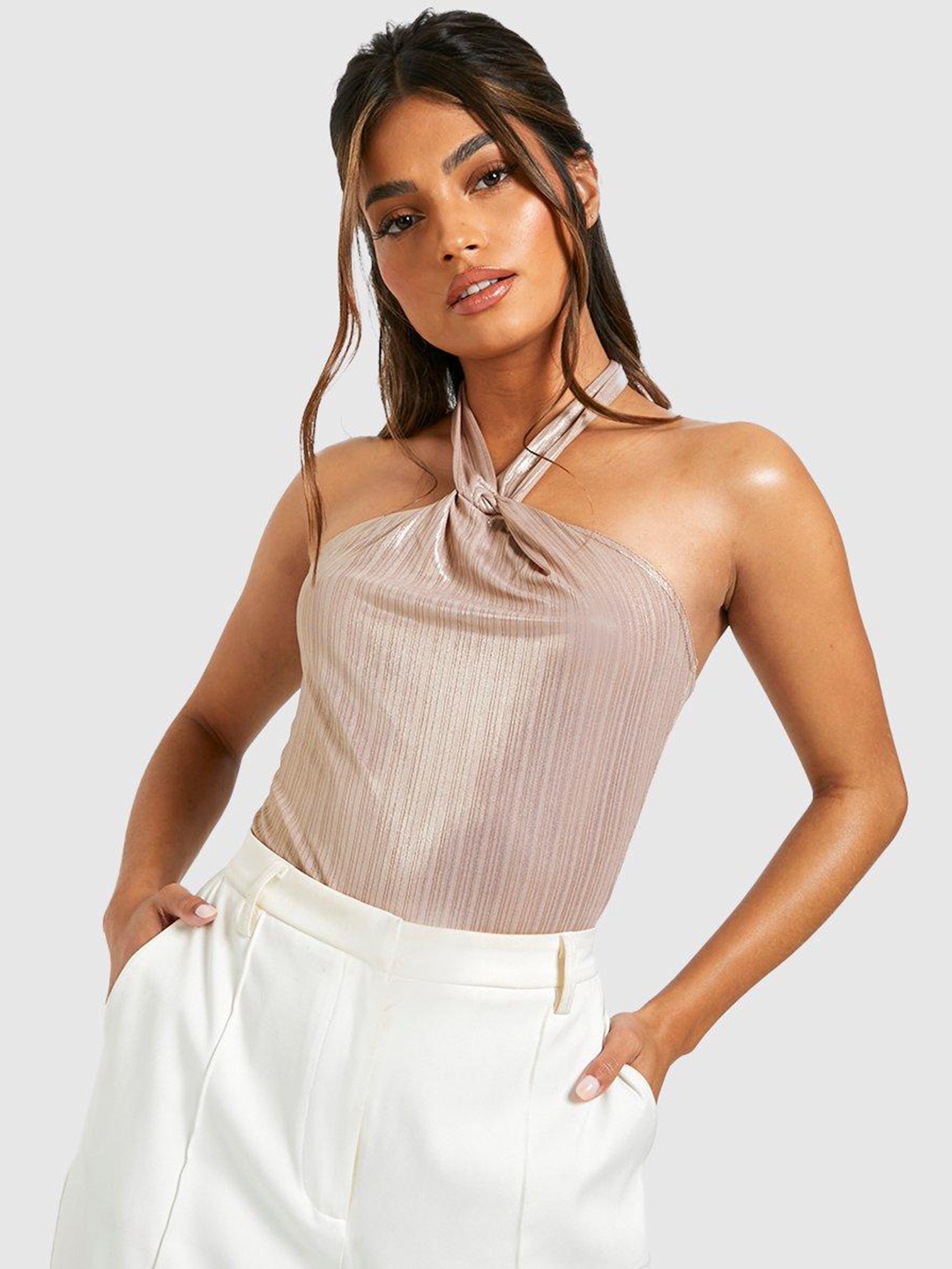 

Boohoo Shimmery Twisted Halter Neck Bodysuit, Bronze