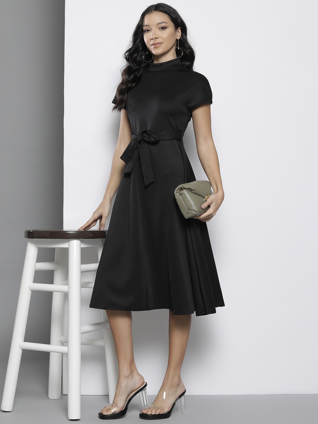

Boohoo Funnel Neck Belted Midi Skater Dress, Black