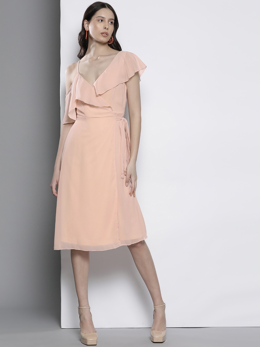 

Boohoo Ruffled Chiffon Midi Dress, Peach