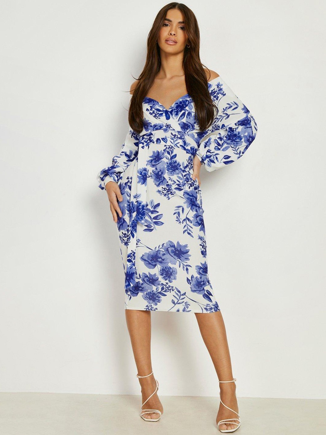 

Boohoo Floral Print Belted Bodycon Midi Dress, White